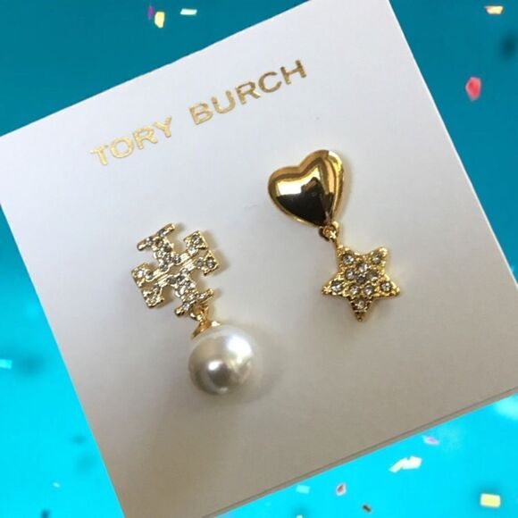 TORY BURCH MISMATCHED PEARL, HEART START DOUBLE T LOGO EARRINGS 14K GOLD/BRASS - Picture 1 of 5
